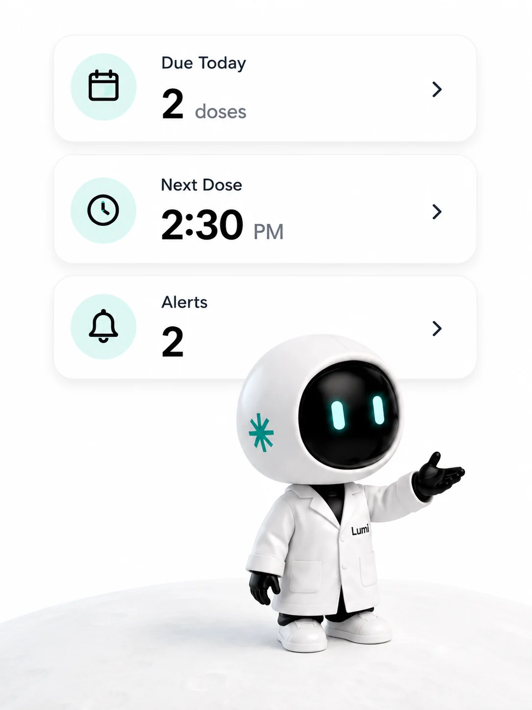 Dashboard stats: 2 doses due today, next dose 2:30 PM, 2 alerts — with Lumi robot